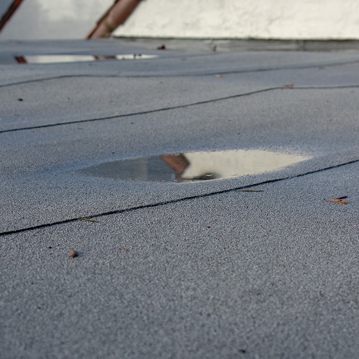 Close-up of ponding water accumulating on a flat commercial roof surface.