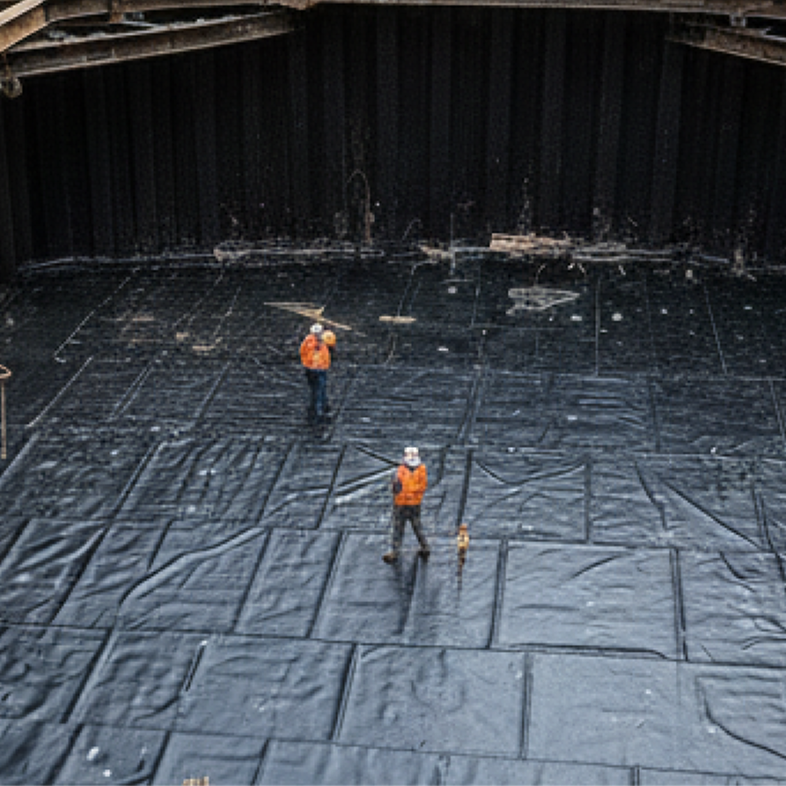Construction workers install TeraPROOF™ membrane in a deep excavation, showcasing a Siplast below-grade waterproofing system.