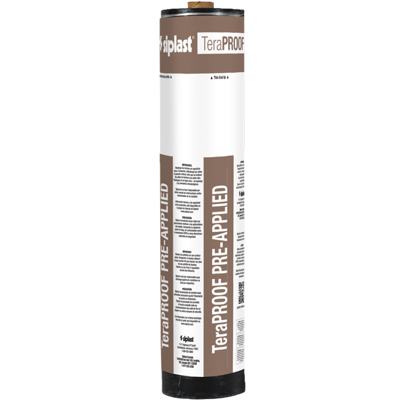 A roll of TeraPROOF™ Pre-Applied SBS Membrane, a modified-bitumen sheet for pre-applied below-grade waterproofing.