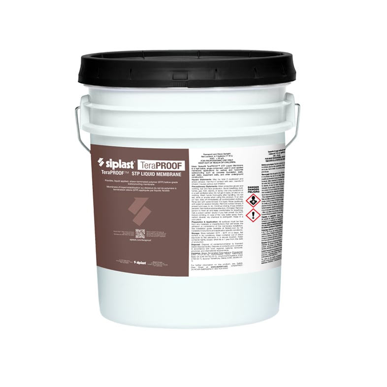 A 5-gallon pail of TeraPROOF™ STP Liquid Membrane for post-applied vertical and horizontal waterproofing.