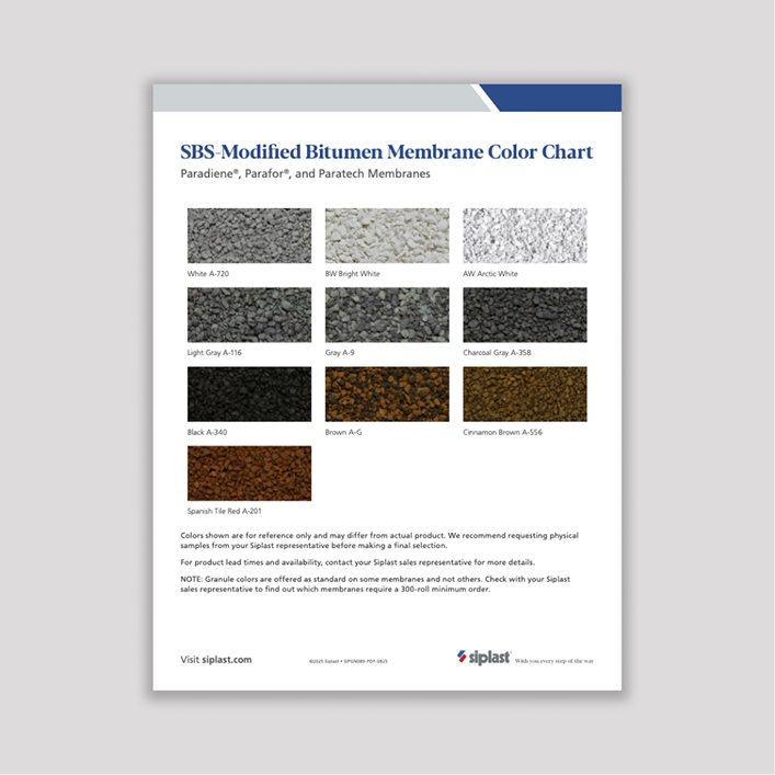 Siplast SBS-Modified Bitumen Membrane Color Chart showing granule color options.