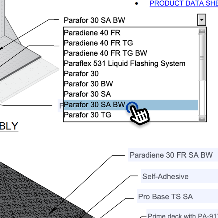 Interactive dropdown menu for Siplast roofing membrane product selection.