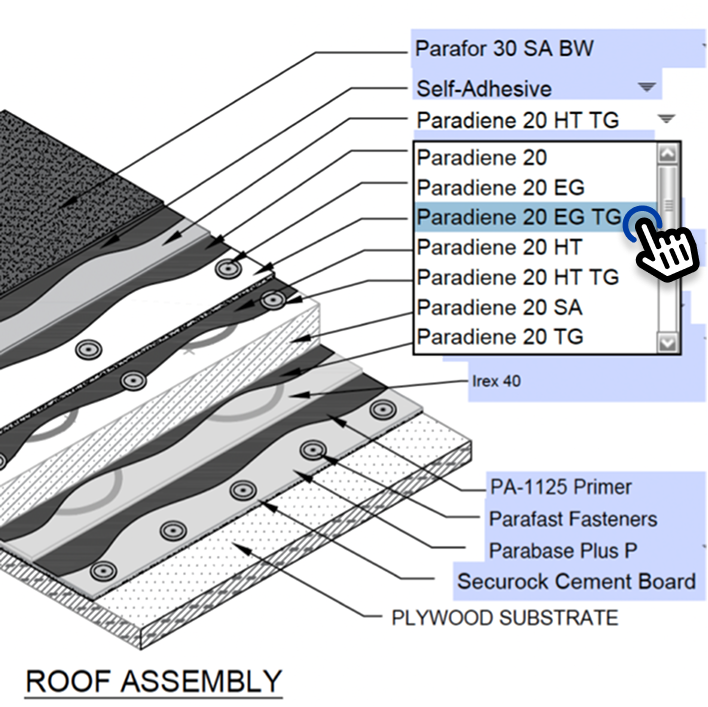 Interactive roofing specification with cursor clicking on technical documentation links.