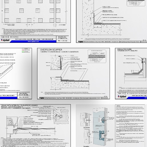 Collage of various architectural construction drawings and technical details library pages for roofing and waterproofing systems.