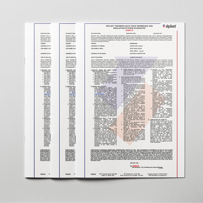 Folded printouts of Siplast guarantee information for contractors and building owners.