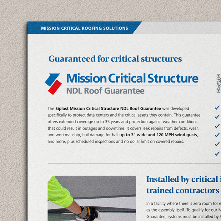 Siplast Mission Critical Structure NDL Roof Guarantee document for data center infrastructure.