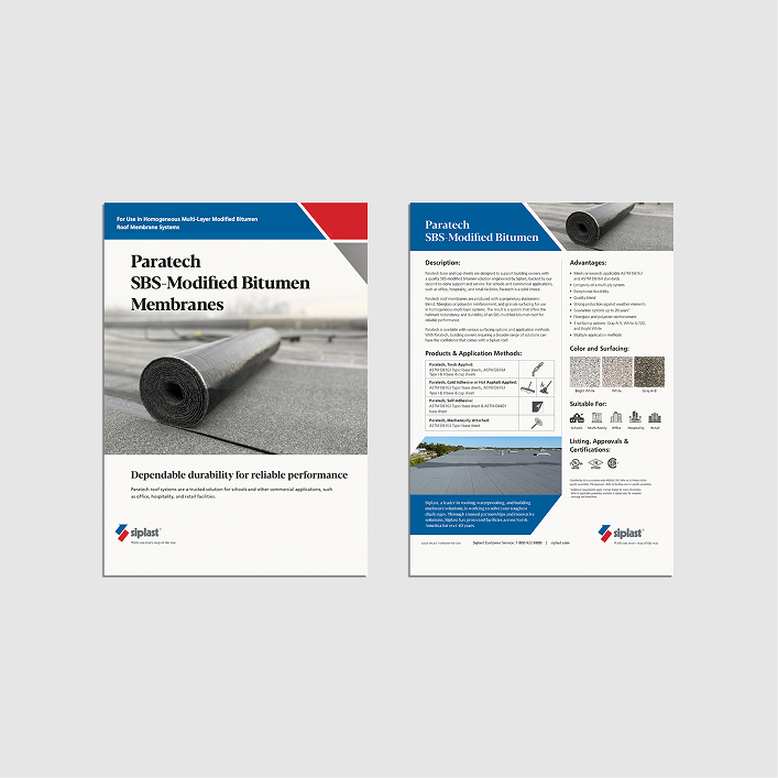 Siplast Paratech SBS-Modified Bitumen Membranes sell sheets and technical overview.