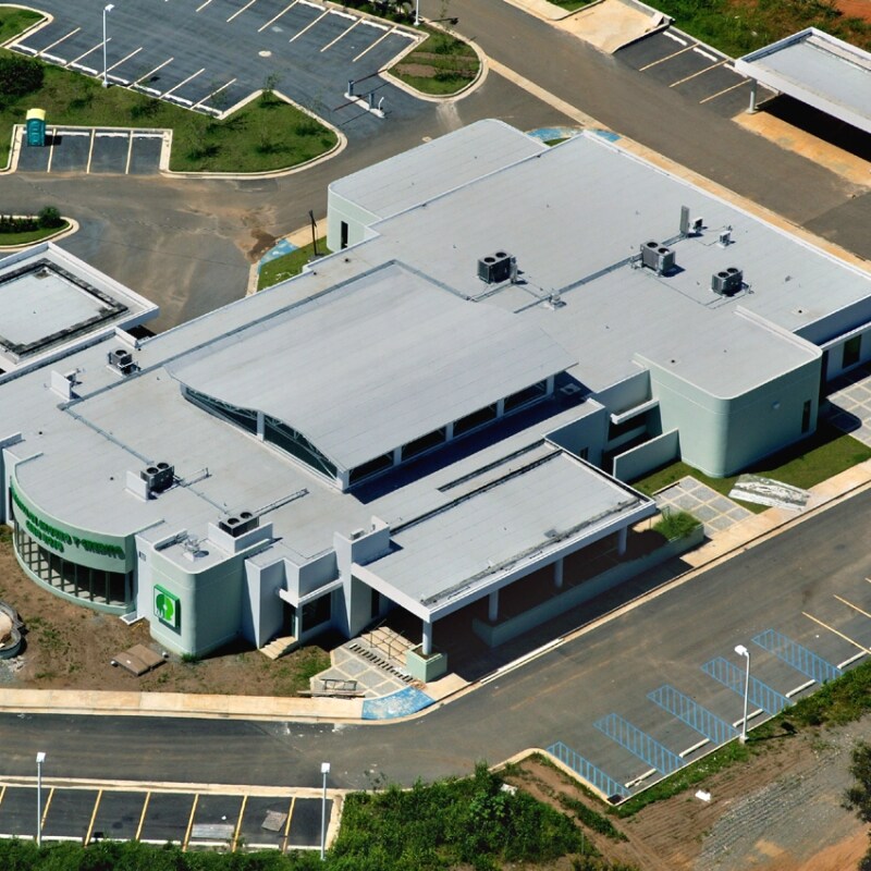 Aerial view of commercial building roof with insulating system