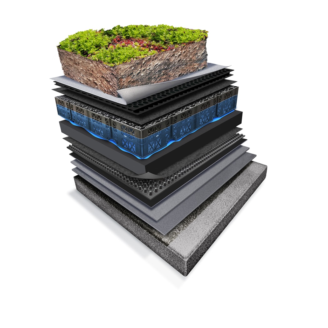 Blue Green Roof assembly with detention space and flow control drain