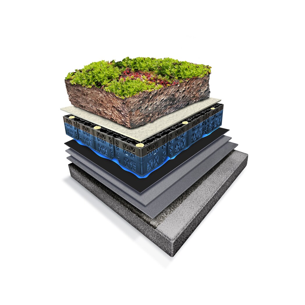 Blue Green Roof Retention system designed for passive irrigation