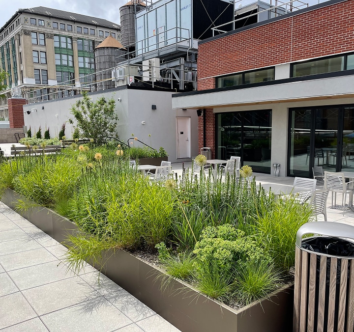 Customizable vegetated roof with planters and seating on an urban commercial building