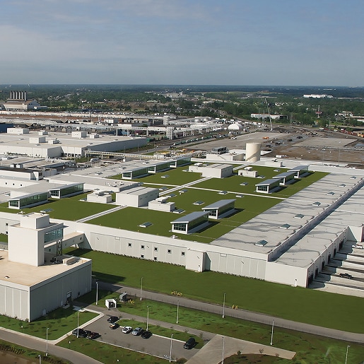 Sustainable factory building with extensive green living roofs and energy-efficient skylights.