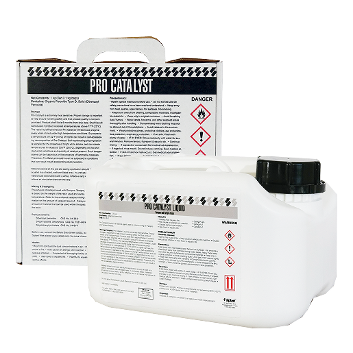 Pro Catalyst chemical product packaging, showing the liquid container and powder box, with visible danger warnings and technical product information labels.
