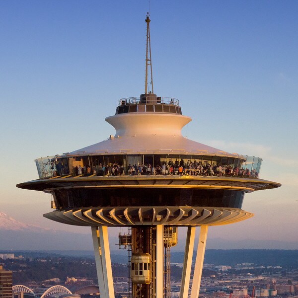 Close-up of the Seattle Space Needle observation deck, renovated by Siplast without interrupting visitors.