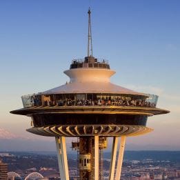 Close-up of the Seattle Space Needle observation deck, renovated by Siplast without interrupting visitors.