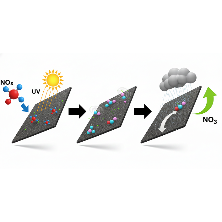 Diagram showing Eco-Activ Noxite granules degrading harmful NOx molecules into nitrates using UV light.