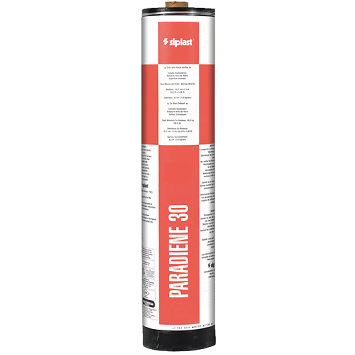 Siplast Paradiene 30 FR TG torch-grade fire-rated roofing membrane roll.