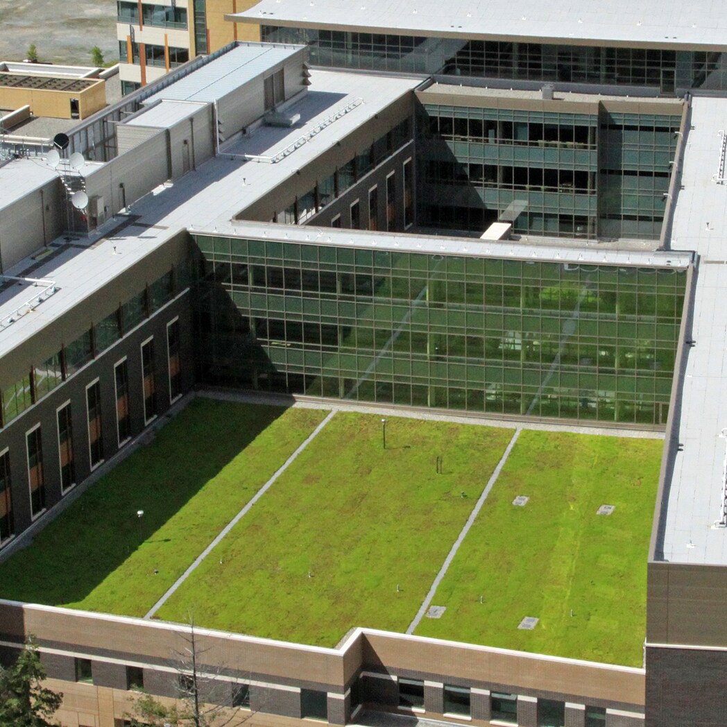 An aerial view of a hospital, featuring a large, vibrant green roof covering a significant portion of its courtyard