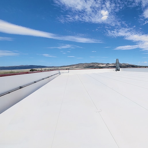 Reflective white single-ply roofing membrane on a flat commercial roof.