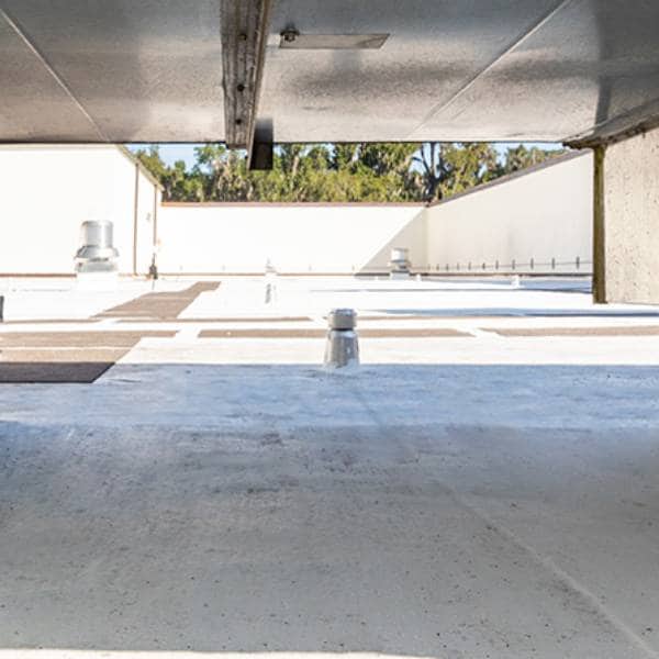 Rooftop with an STP system, a low-odor, low-VOC, and isocyanate-free roofing solution.