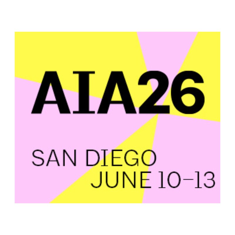 AIA26 Conference on Architecture & Design colorful graphic for San Diego event, June 10–13.