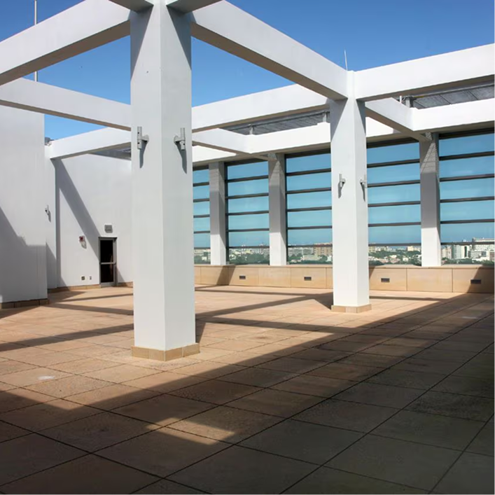 Commercial building plaza with PMMA waterproofing system.