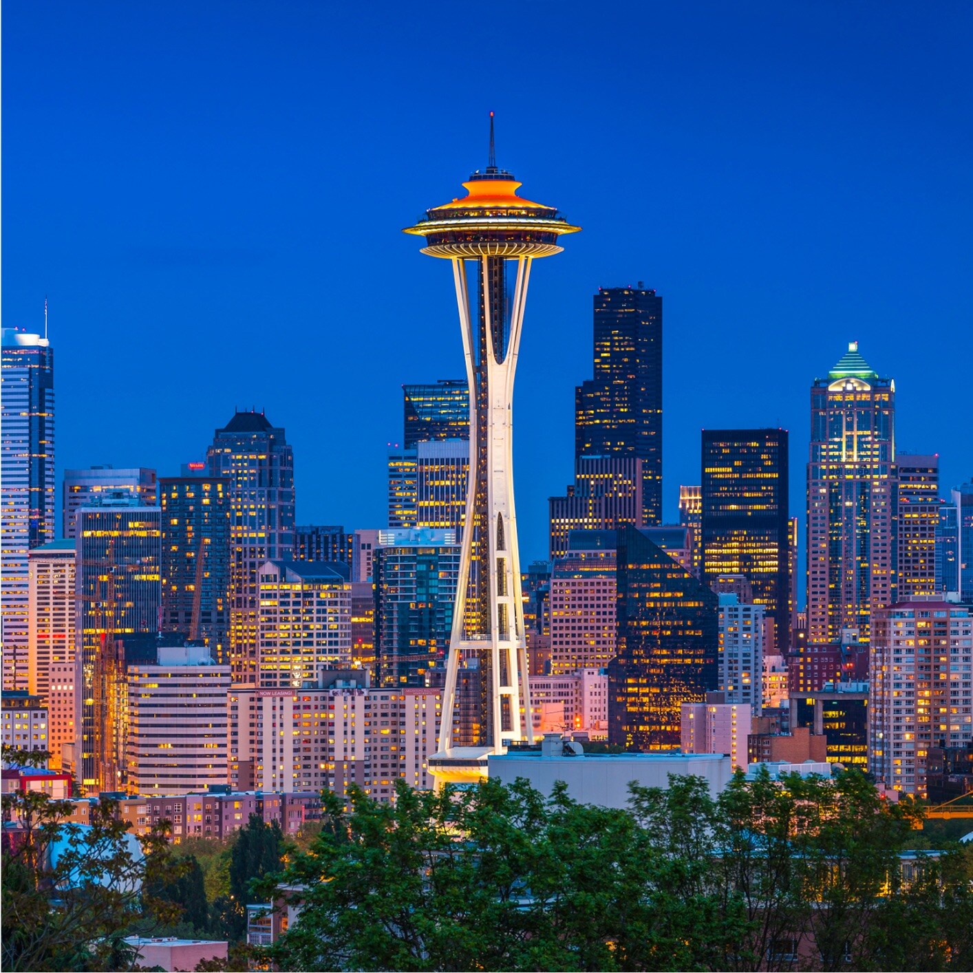 Nighttime panoramic view of the Seattle skyline with the illuminated Space Needle prominently featured against a deep blue sky, surrounded by city lights and other skyscrapers.