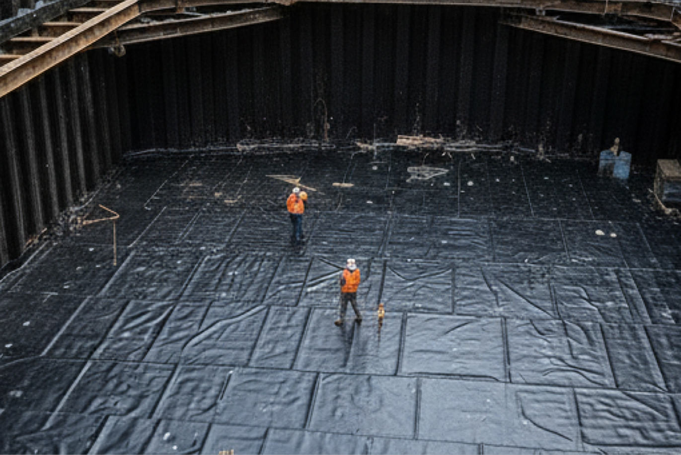 Construction workers install TeraPROOF™ membrane in a deep excavation, showcasing a Siplast below-grade waterproofing system.