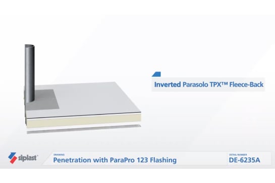 A technical drawing showing a cross-section of a Siplast roof system and a pipe penetration, with a layer of "Inverted Parasolo TPX Fleece-Back" on top.