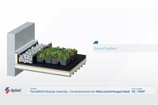 Diagram showing a cross-section of a Siplast ParaGREEN Modular Assembly green roof system transitioning to a parapet wall with gravel ballast.