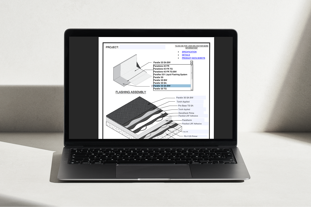 Laptop screen of interactive roofing specification and technical flashing assembly diagram.