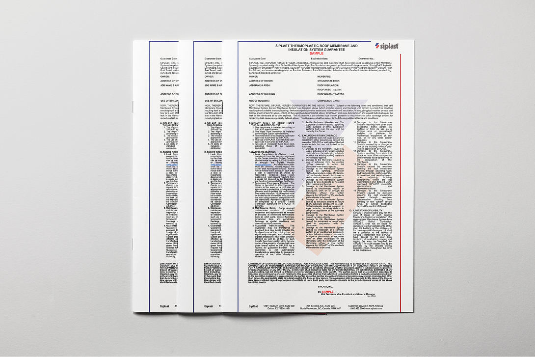 Paper documents displaying sample guarantees and warranties.