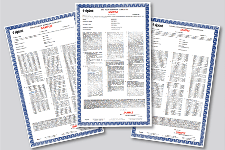 Three Siplast sample guarantee documents laid out, showcasing the detailed terms and conditions of Siplast roofing and waterproofing warranties and commercial guarantees available to building owners.