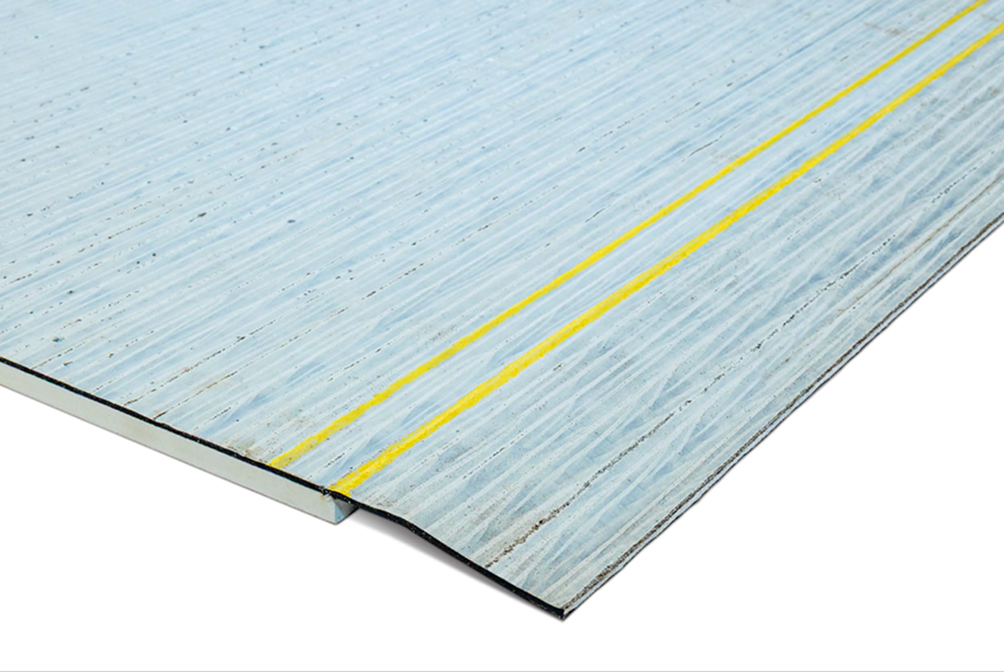 Blue textured composite roof insulation board with yellow alignment lap lines for precise installation.
