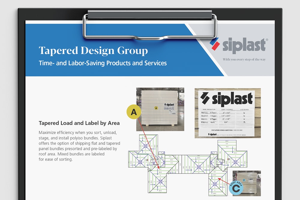 Siplast tapered insulation load and label by roof area packaging solution.
