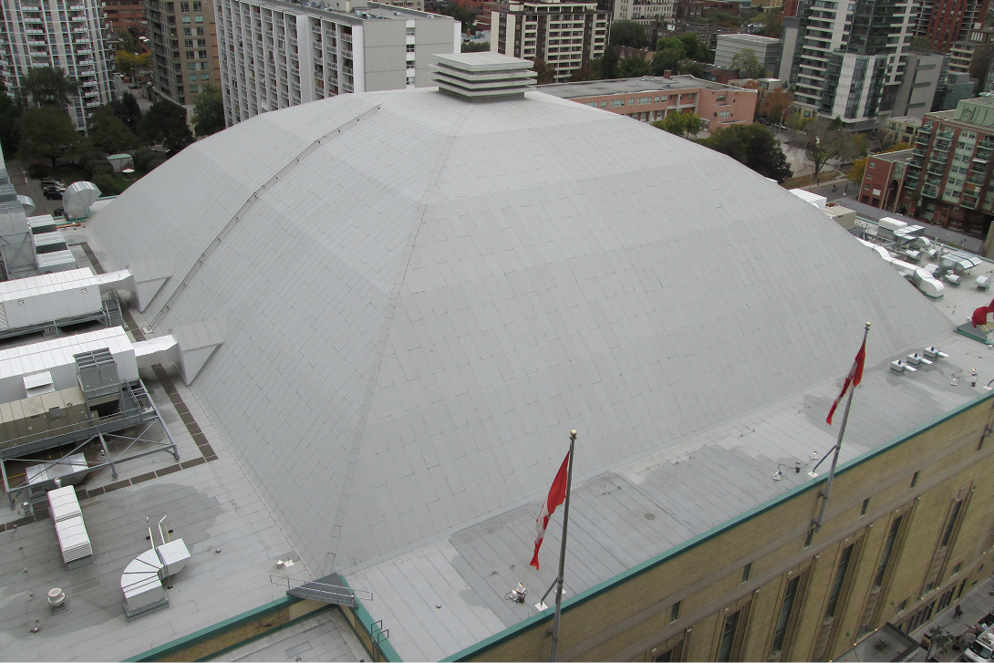 Large, domed commercial structure roof, freshly covered with a liquid-applied ParaPro or Terapro roofing membrane.