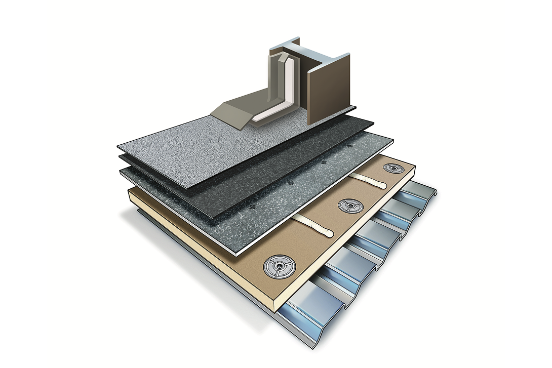 Siplast Paradiene 20/30 System cutaway diagram with Parapro Flashing detail.