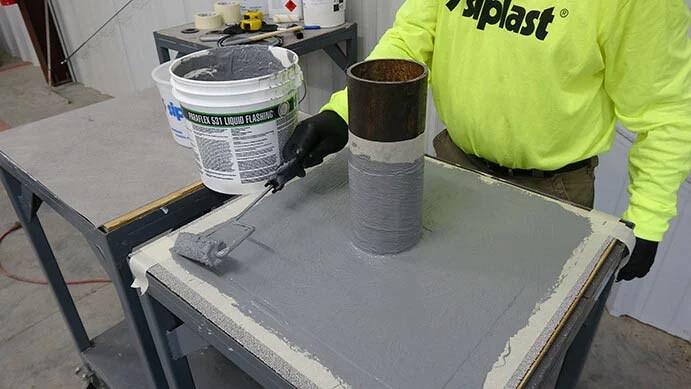siplast paraflex liquid applied flashing demonstration in progress