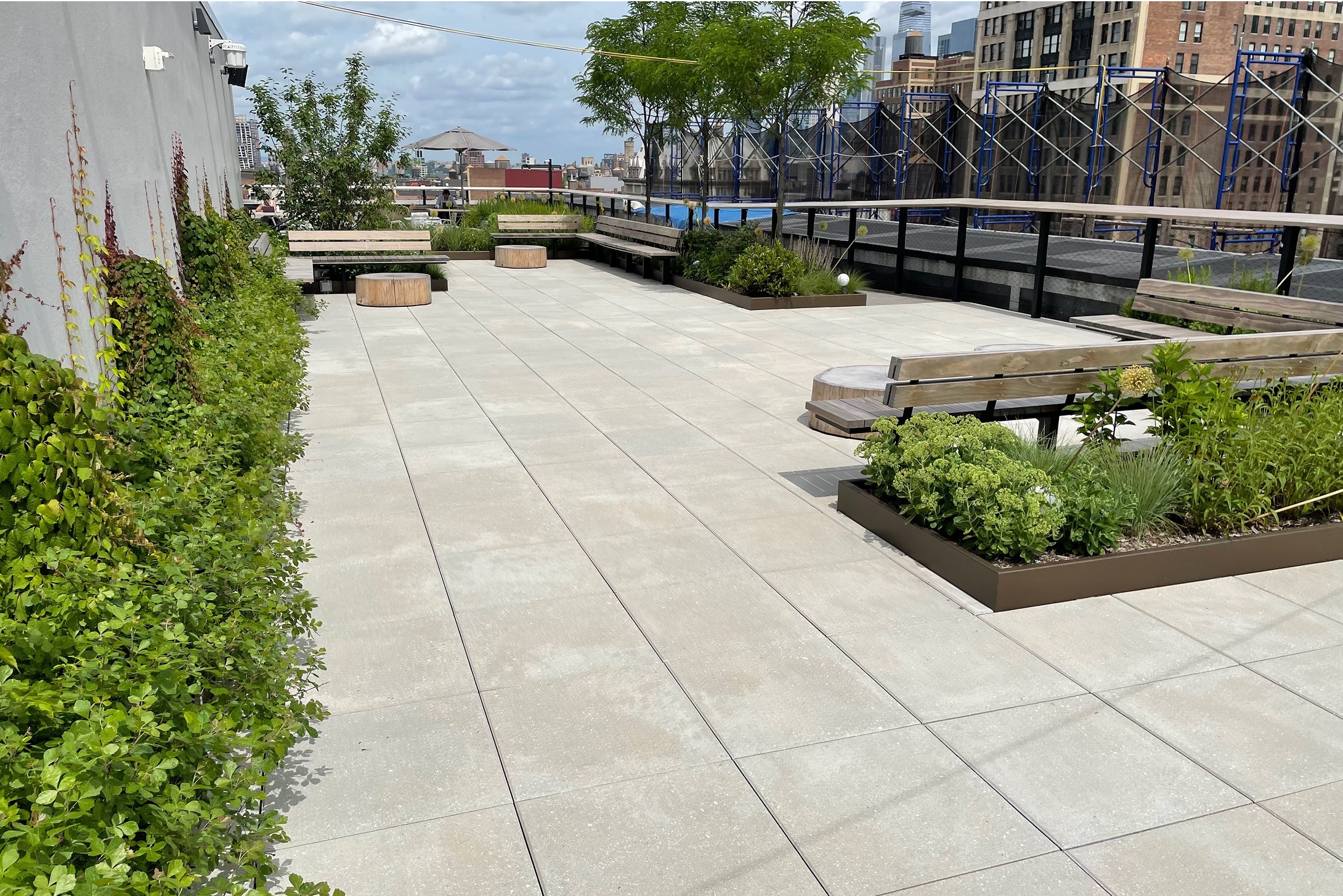 Modern rooftop patio with light-colored pavers, lush green planters, and wooden benches, surrounded by urban buildings.