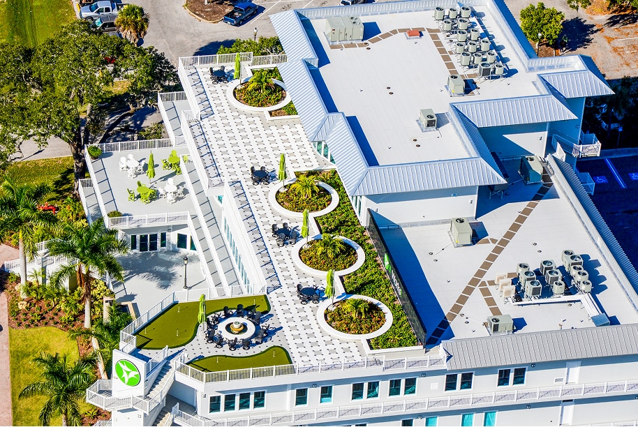 Overview of integrated vegetated, amenity, and stormwater roofing solutions highlighting sustainable and multifunctional design benefits.