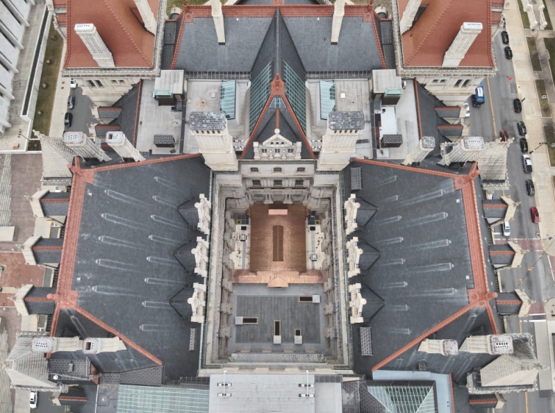 Aerial view of the New York State Capitol Building roof restoration using Siplast Paraflex