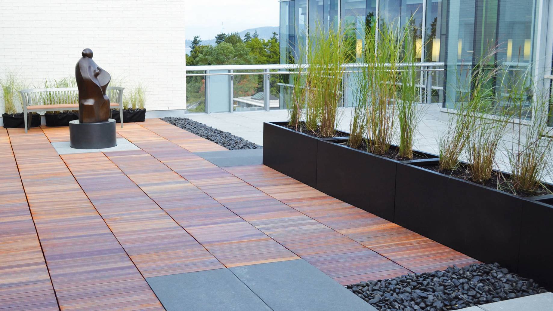 amenity space planters and wood tiles