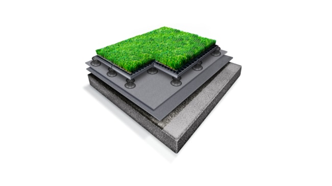Layered diagram of a Siplast amenity space system with artificial turf