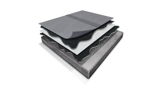 Cross-section diagram showing layers of a roofing system, including insulation, membrane, and top protective layers.