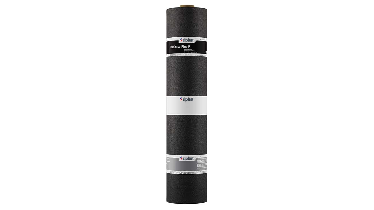 An upright roll of Siplast Parabase Plus P roofing base sheet.