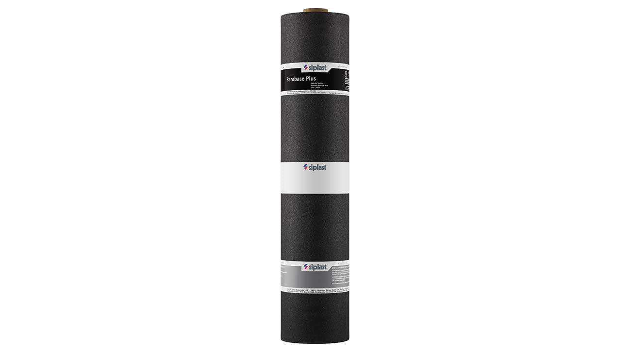 An upright roll of Siplast Parabase Plus asphalt roofing base sheet.