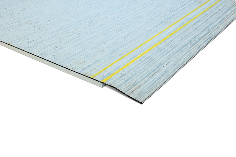 Blue textured composite roof insulation board with yellow alignment lap lines for precise installation.