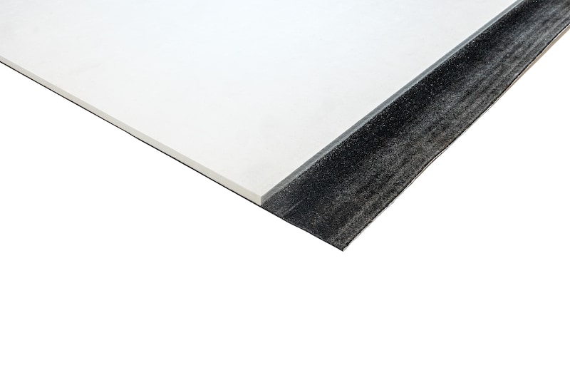 White polyisocyanurate insulation board featuring a black integrated membrane underlayment flap.