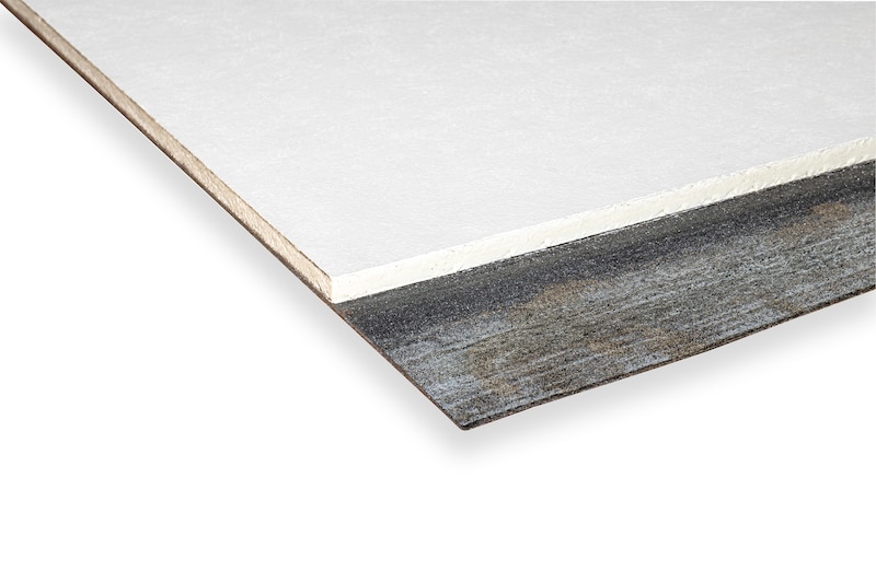 Dual-layer flat roofing board showing the white rigid foam core and extended black waterproof membrane edge.
