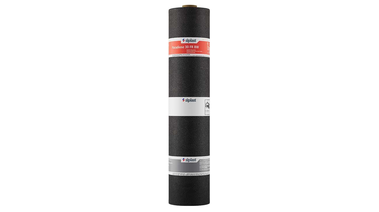 Siplast Paradiene 30 FR BW torch-grade fire-rated roofing membrane roll.